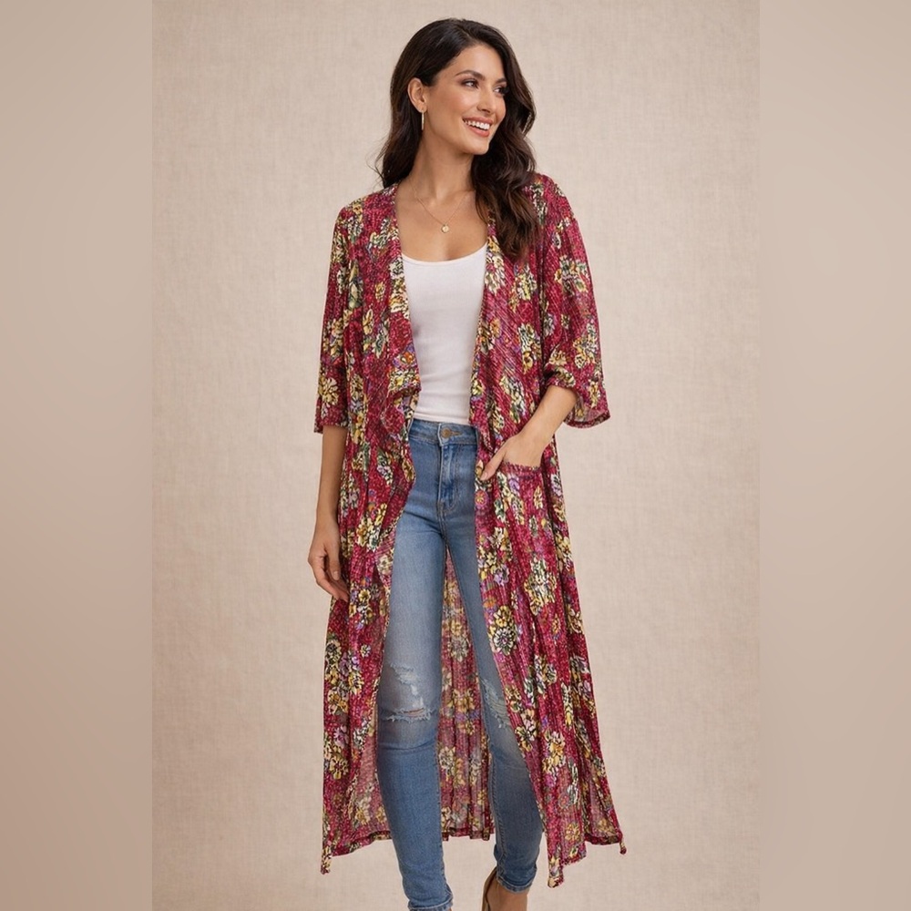 LuLaRoe Floral Duster Cardigan - Shirley Kimono Pink Red Crinkle Fabric NWT